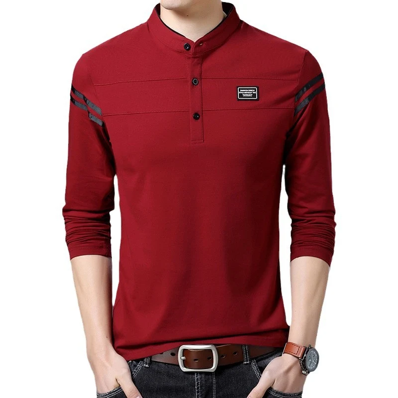 Herren Slim-Fit Langarm-Henley mit Stehkragen und Schulterstreifen Drune