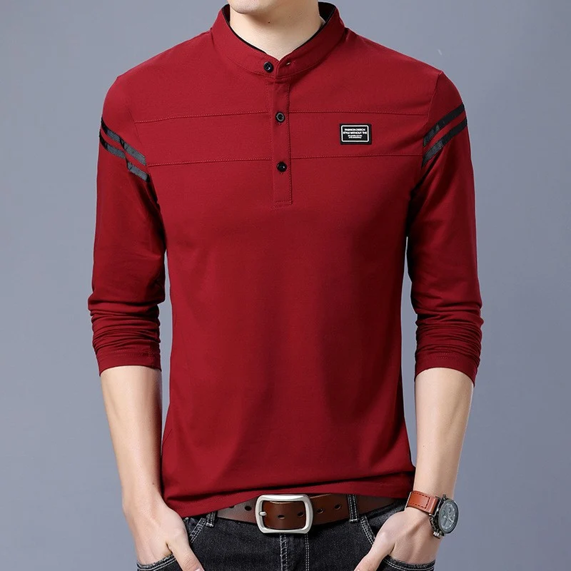Herren Slim-Fit Langarm-Henley mit Stehkragen und Schulterstreifen Drune