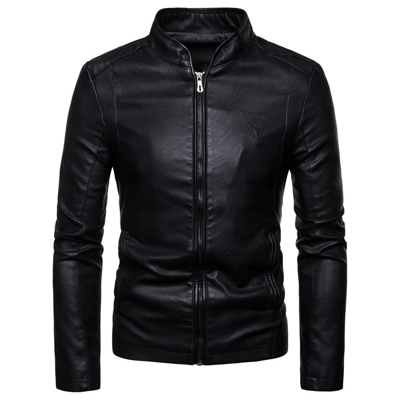 Herren Slim-Fit Kunstlederjacke im Bikerstil mit Stehkragen und Frontreißverschluss Drune