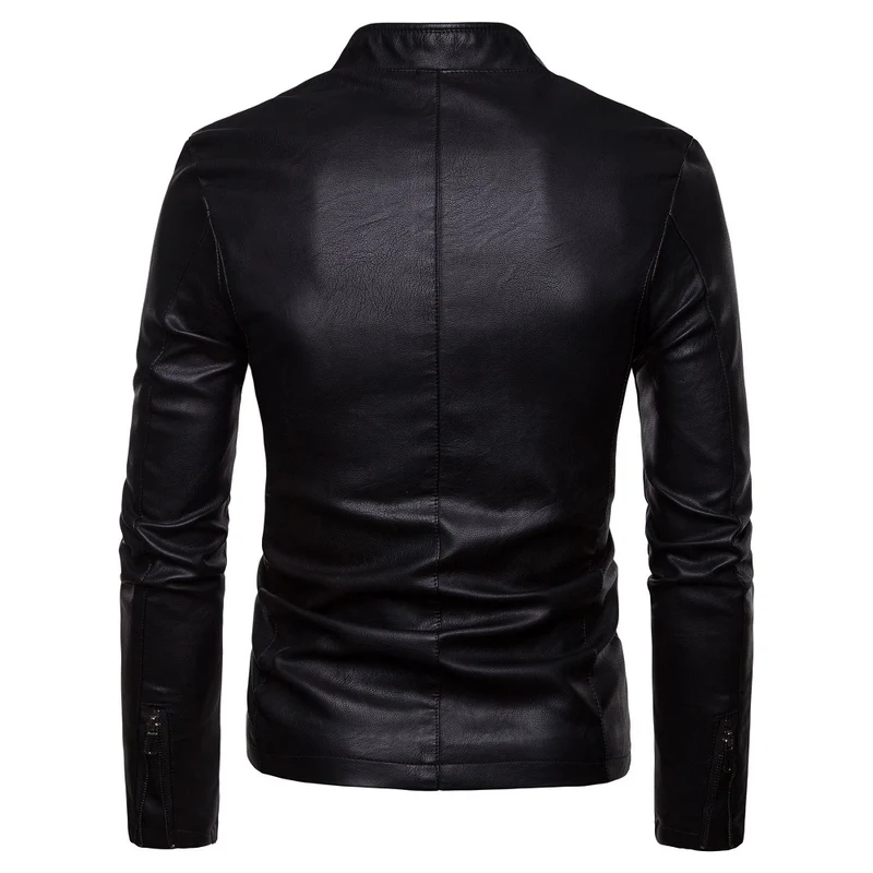 Herren Slim-Fit Kunstlederjacke im Bikerstil mit Stehkragen und Frontreißverschluss Drune