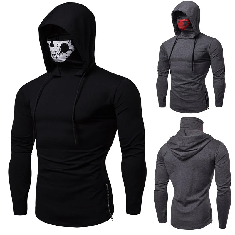 Herren Slim-Fit Kapuzenpullover mit integrierter Totenkopf-Gesichtsmaske Drune