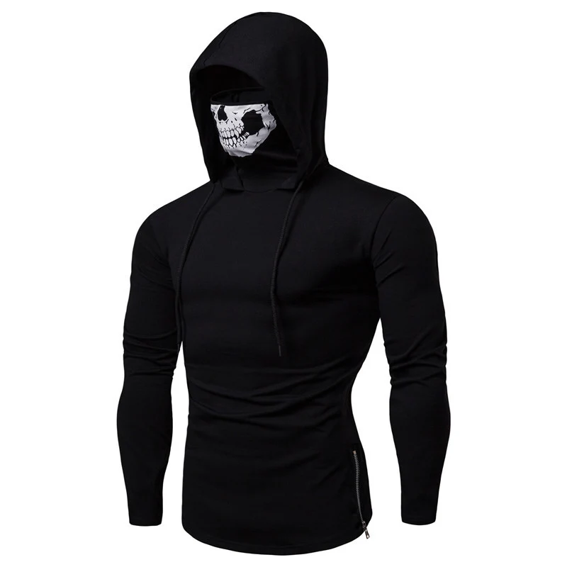 Herren Slim-Fit Kapuzenpullover mit integrierter Totenkopf-Gesichtsmaske Drune