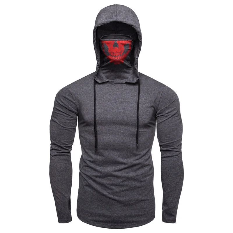 Herren Slim-Fit Kapuzenpullover mit integrierter Totenkopf-Gesichtsmaske Drune