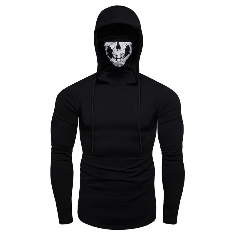 Herren Slim-Fit Kapuzenpullover mit integrierter Totenkopf-Gesichtsmaske Drune