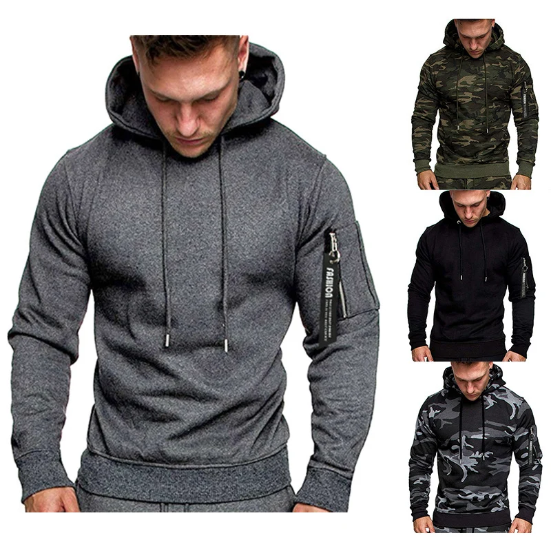Herren Slim-Fit Hoodie mit Ärmel‑Zip‑Tasche, Kapuze und Kordelzug Drune