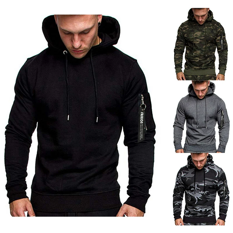 Herren Slim-Fit Hoodie mit Ärmel‑Zip‑Tasche, Kapuze und Kordelzug Drune