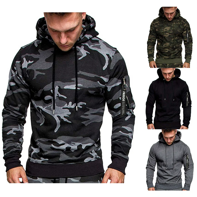 Herren Slim-Fit Hoodie mit Ärmel‑Zip‑Tasche, Kapuze und Kordelzug Drune