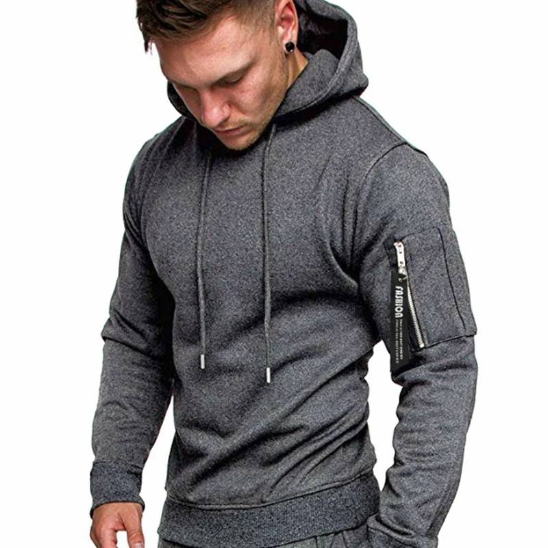 Herren Slim-Fit Hoodie mit Ärmel‑Zip‑Tasche, Kapuze und Kordelzug Drune