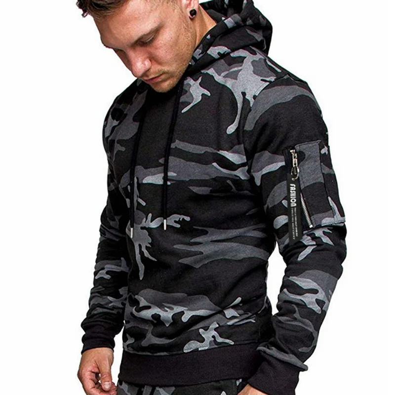 Herren Slim-Fit Hoodie mit Ärmel‑Zip‑Tasche, Kapuze und Kordelzug Drune