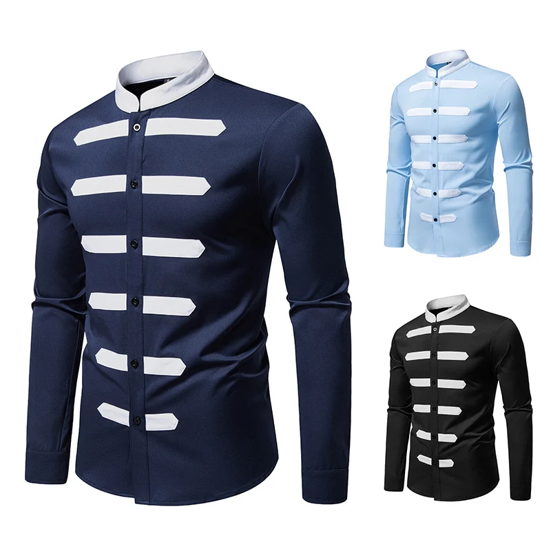Herren Slim-Fit Hemd mit Stehkragen und dekorativen Paspelstreifen Drune