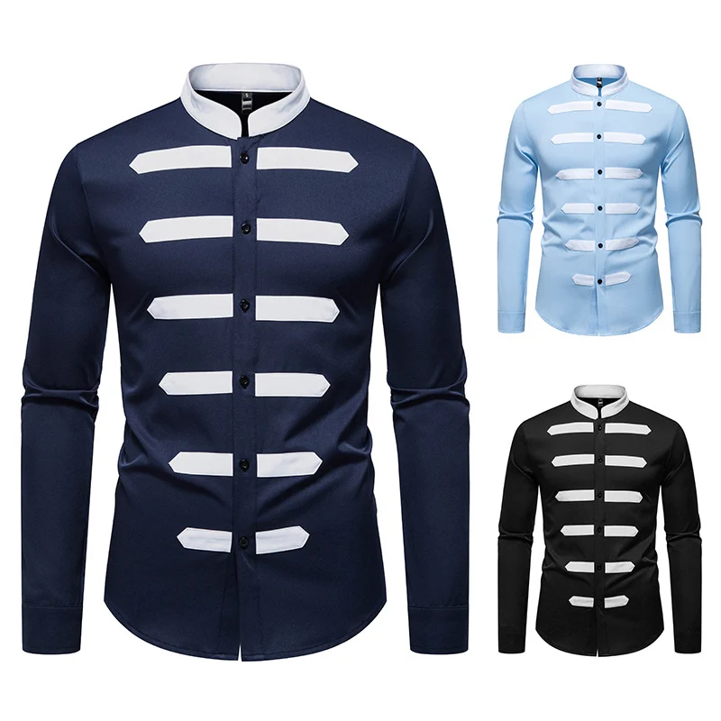 Herren Slim-Fit Hemd mit Stehkragen und dekorativen Paspelstreifen Drune