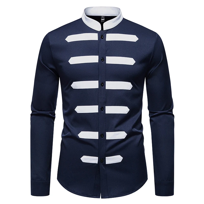 Herren Slim-Fit Hemd mit Stehkragen und dekorativen Paspelstreifen Drune