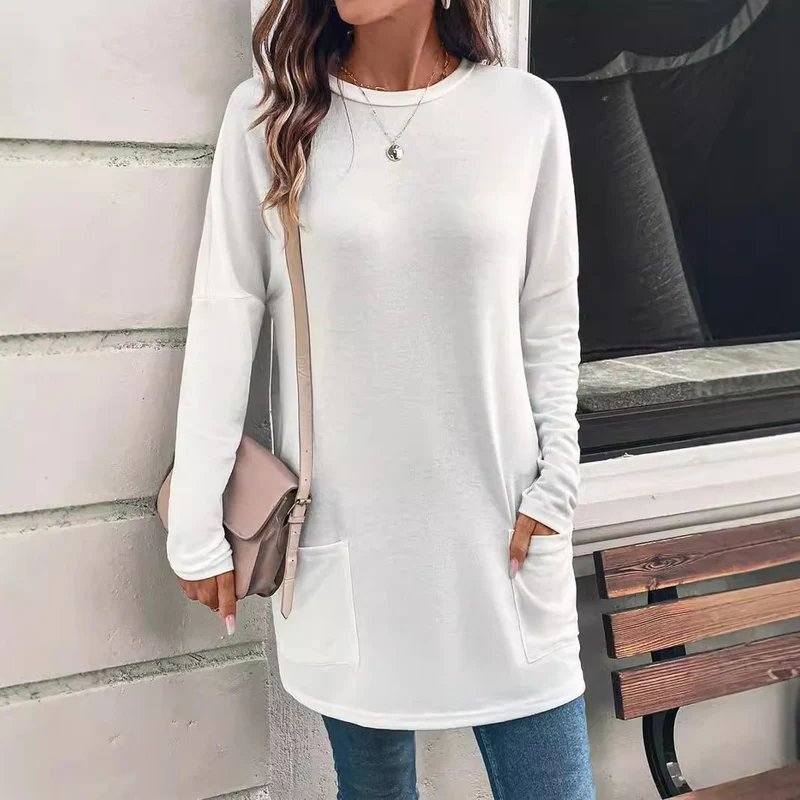 Weit geschnittene lange Tunika für Damen mit rundem Ausschnitt, seitlichen Taschen und weichem Jersey Drune