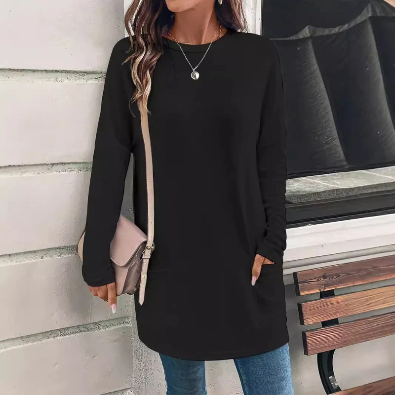 Weit geschnittene lange Tunika für Damen mit rundem Ausschnitt, seitlichen Taschen und weichem Jersey Drune