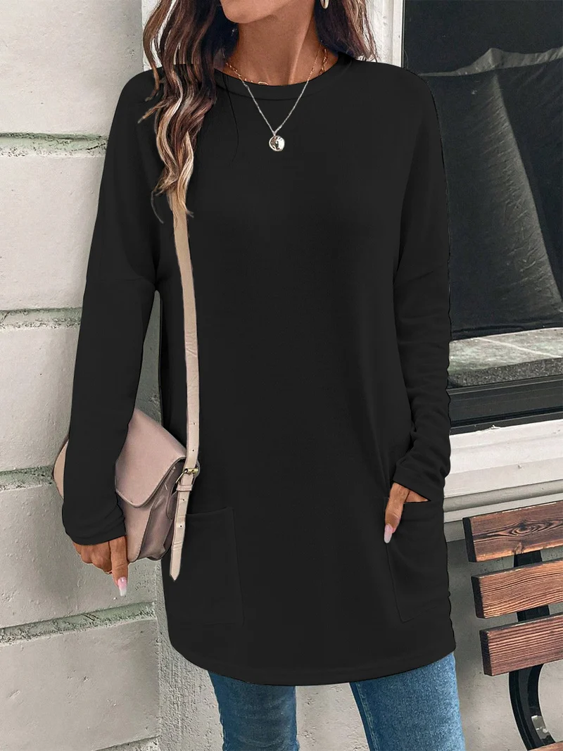 Weit geschnittene lange Tunika für Damen mit rundem Ausschnitt, seitlichen Taschen und weichem Jersey Drune