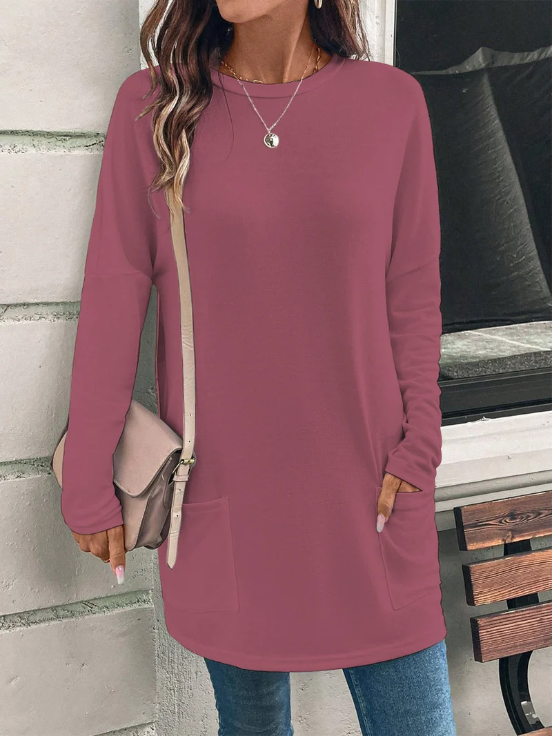 Weit geschnittene lange Tunika für Damen mit rundem Ausschnitt, seitlichen Taschen und weichem Jersey Drune