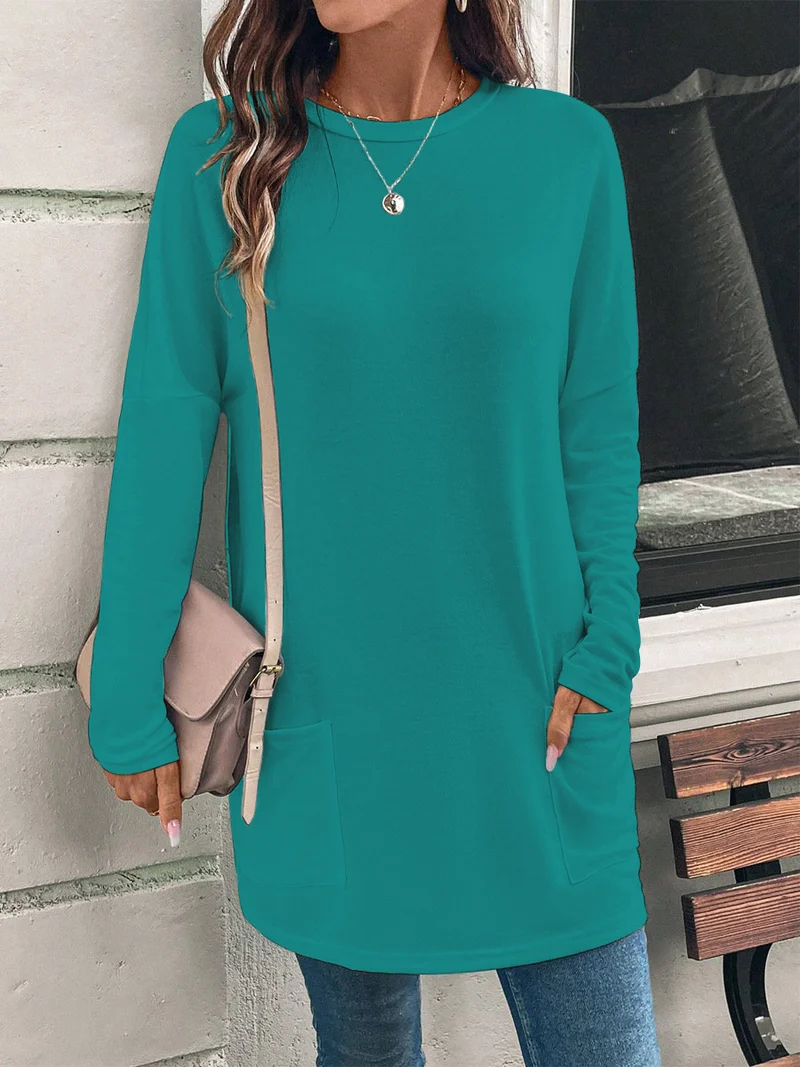 Weit geschnittene lange Tunika für Damen mit rundem Ausschnitt, seitlichen Taschen und weichem Jersey Drune