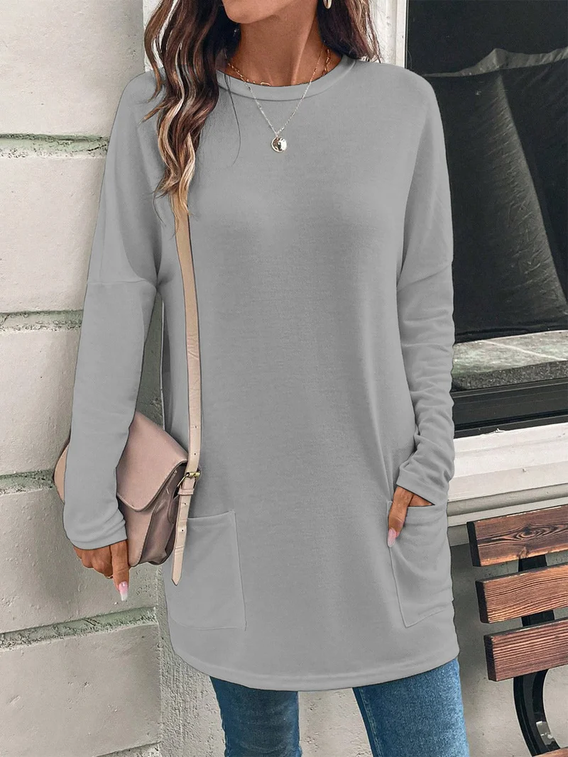 Weit geschnittene lange Tunika für Damen mit rundem Ausschnitt, seitlichen Taschen und weichem Jersey Drune