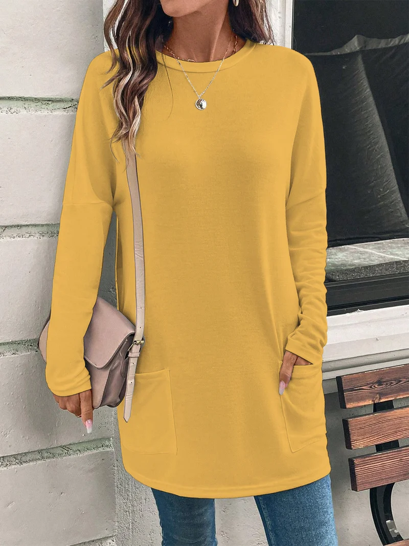 Weit geschnittene lange Tunika für Damen mit rundem Ausschnitt, seitlichen Taschen und weichem Jersey Drune