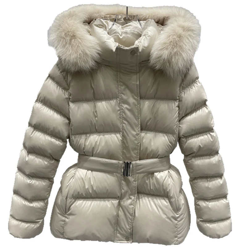 Damen Taillierte Stepp-Pufferjacke mit Gürtel, hohem Kragen und abnehmbarem Fellbesatz Drune