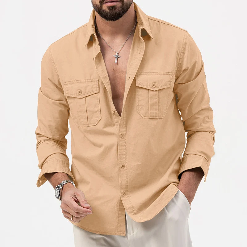 Herren nan legeres Baumwoll-Twill-Hemd mit aufgesetzten Brustklappen und Kentkragen Drune