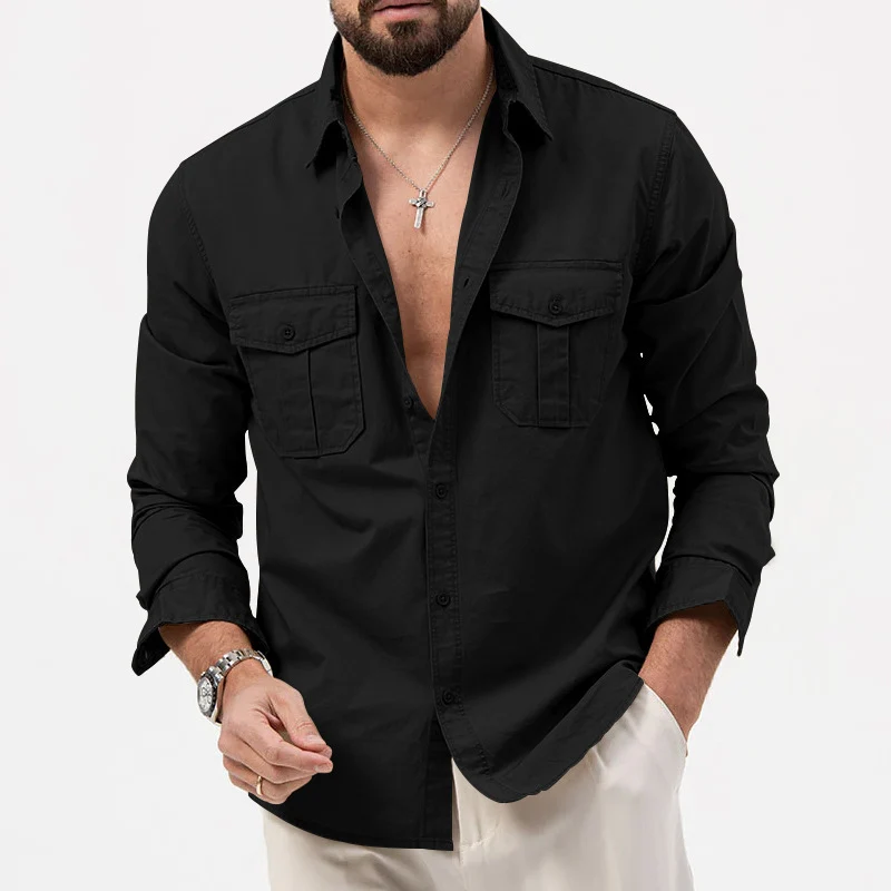 Herren nan legeres Baumwoll-Twill-Hemd mit aufgesetzten Brustklappen und Kentkragen Drune