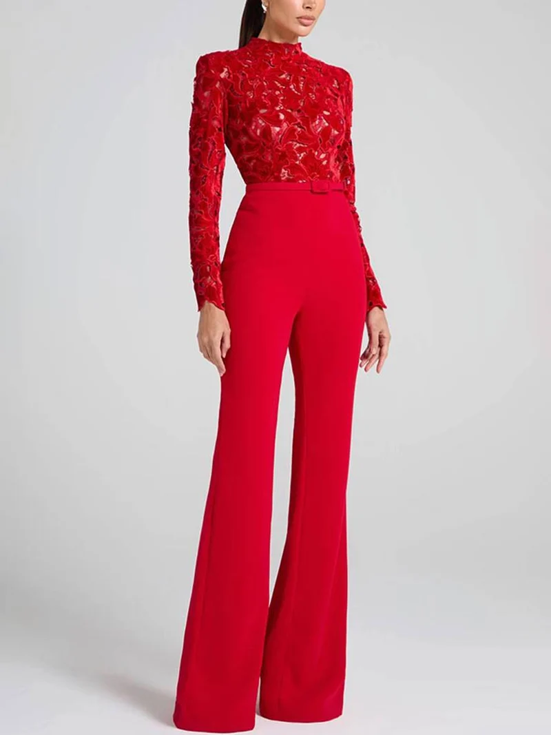 Drune | Ausgestellte Jumpsuits Englische Stickerei Runder Ausschnitt Lange Ärmel Gürtel Frauen Elegant Lässig Slim Fitness