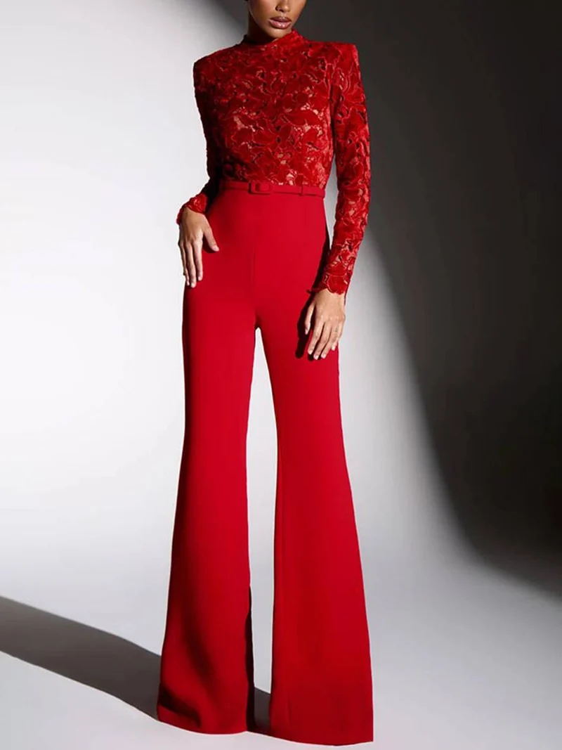 Drune | Ausgestellte Jumpsuits Englische Stickerei Runder Ausschnitt Lange Ärmel Gürtel Frauen Elegant Lässig Slim Fitness