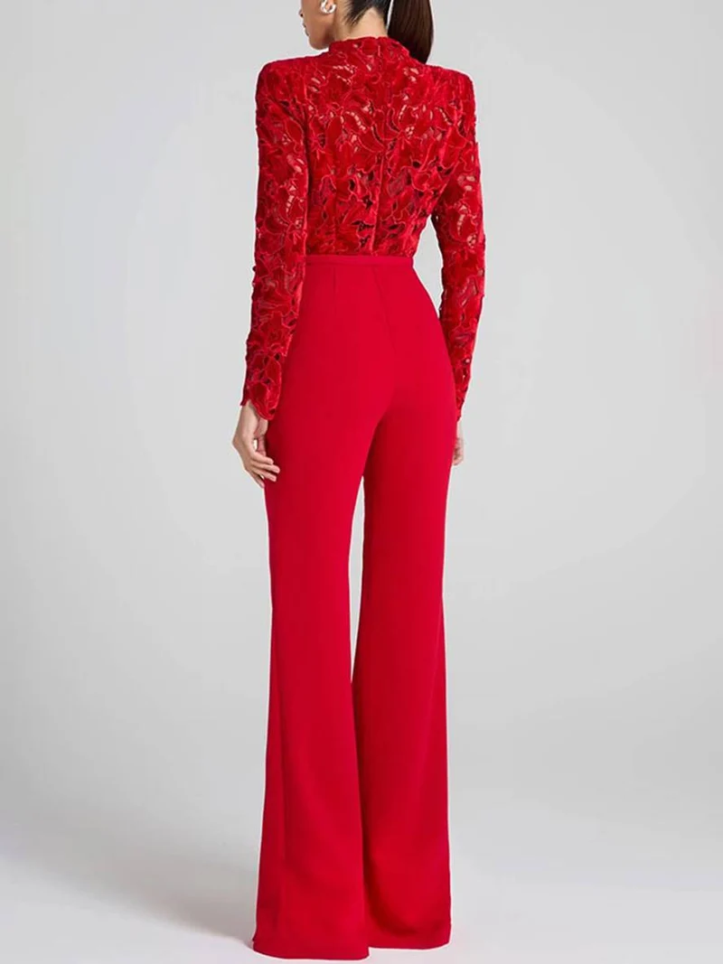 Drune | Ausgestellte Jumpsuits Englische Stickerei Runder Ausschnitt Lange Ärmel Gürtel Frauen Elegant Lässig Slim Fitness