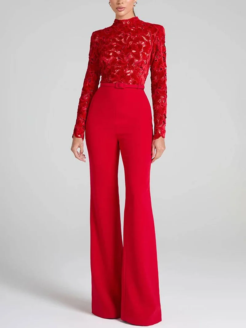 Drune | Ausgestellte Jumpsuits Englische Stickerei Runder Ausschnitt Lange Ärmel Gürtel Frauen Elegant Lässig Slim Fitness