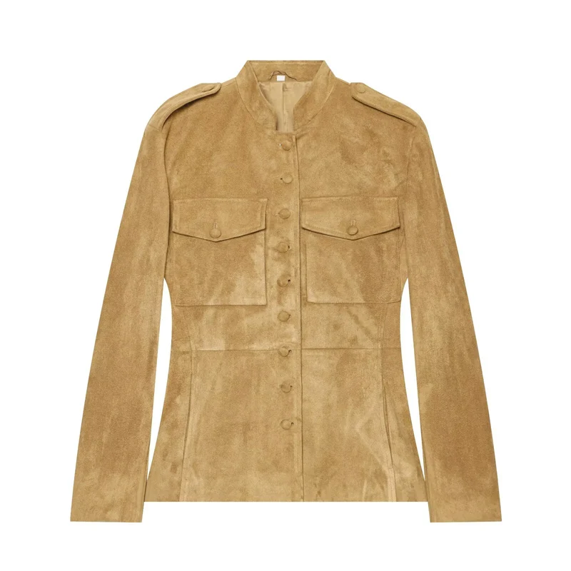 Damen Wildlederjacke im Militärstil mit Stehkragen Drune