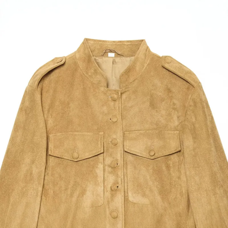 Damen Wildlederjacke im Militärstil mit Stehkragen Drune