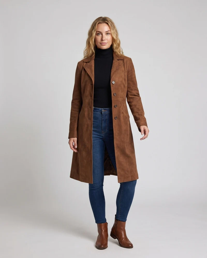 Damen Eleganter Wildledermantel mit praktischen Taschen und stylischem Schnitt Drune