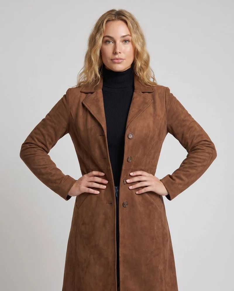 Damen Eleganter Wildledermantel mit praktischen Taschen und stylischem Schnitt Drune