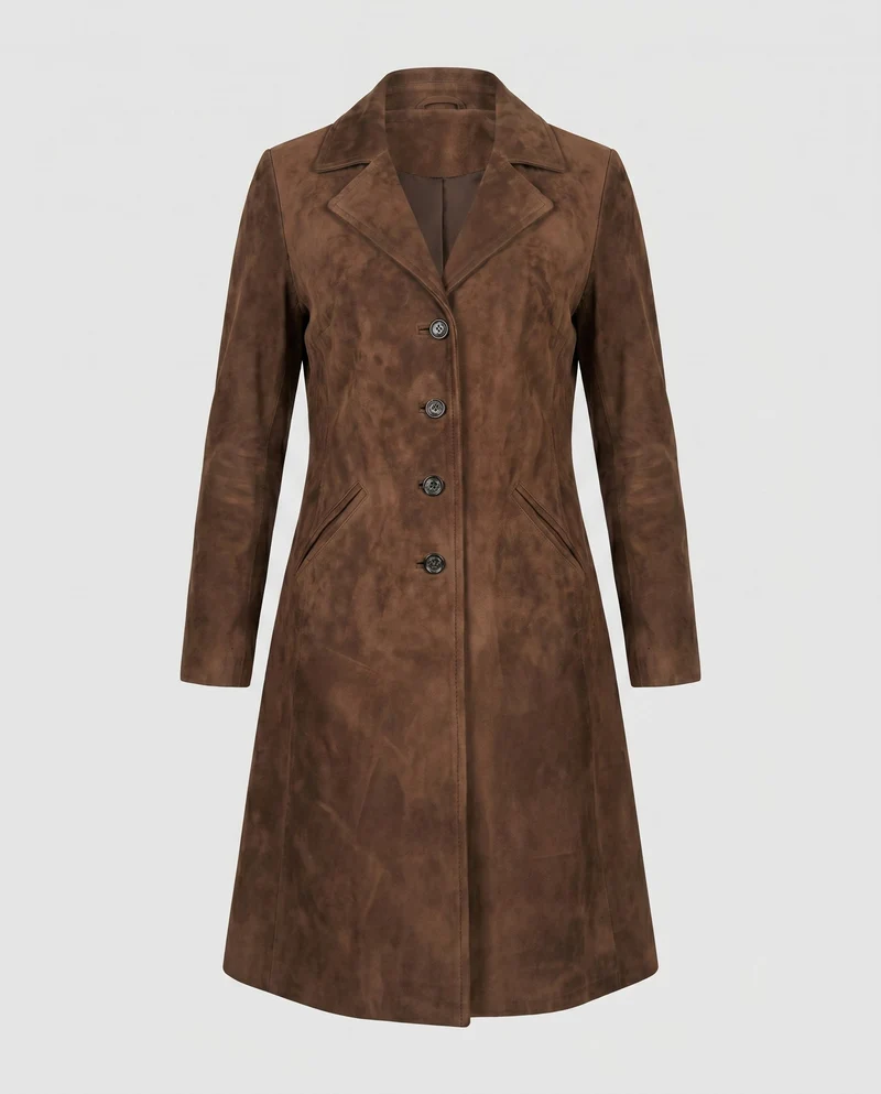 Damen Eleganter Wildledermantel mit praktischen Taschen und stylischem Schnitt Drune