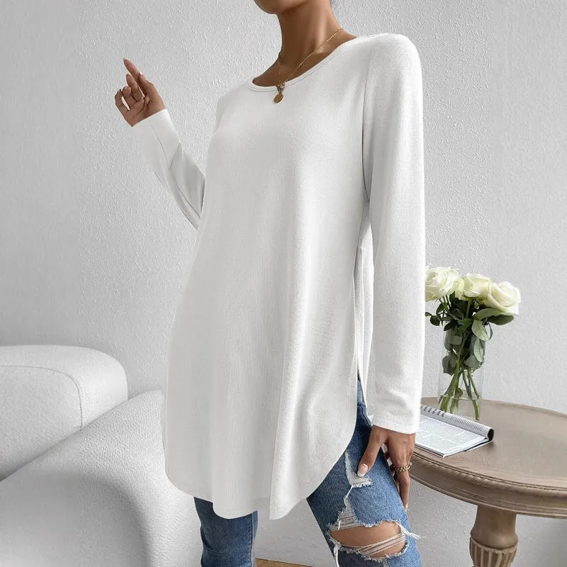 Damen Oversize Longline Feinstrick-Tunika mit Rundhalsausschnitt Drune