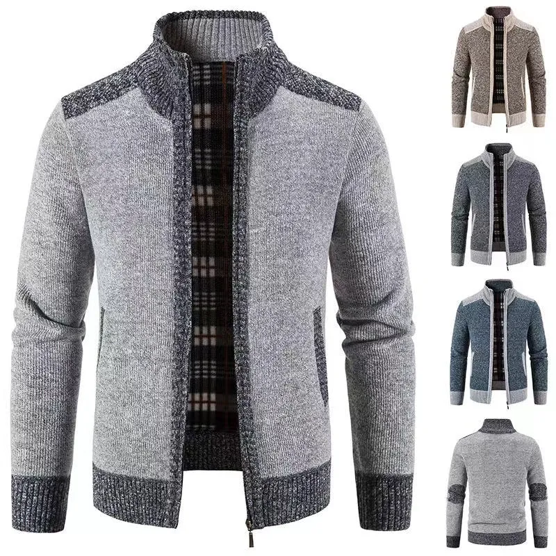 Herren nan gefütterte Reißverschluss-Strickjacke mit Stehkragen, wärmender Karofleece-Innenseite und gerippten Bündchen Drune