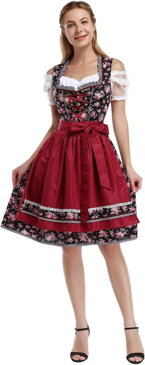Damen nan traditionelles Dirndlkleid mit Schnürung, floraler Baumwollqualität und Schleifen-Schürze Drune
