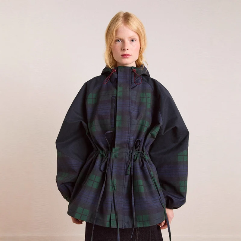 Damen Oversized Jacke im lässigen Karo-Design mit praktischen Taschen und Taillenzug Drune