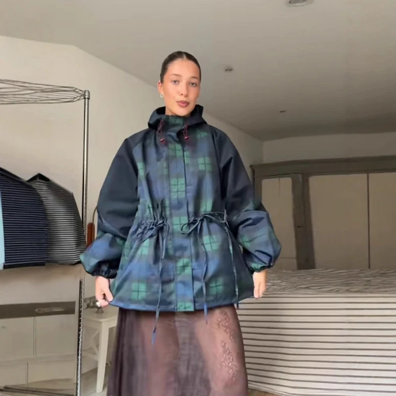 Damen Oversized Jacke im lässigen Karo-Design mit praktischen Taschen und Taillenzug Drune