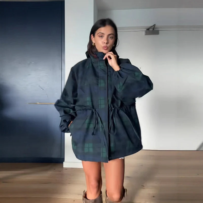Damen Oversized Jacke im lässigen Karo-Design mit praktischen Taschen und Taillenzug Drune