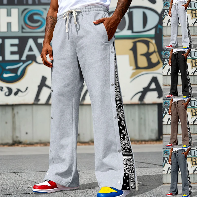 Herren nan weit geschnittene Snap-Front Jogginghose mit Paisley-Seiteneinsatz und elastischem Komfortbund Drune