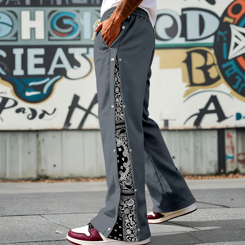 Herren nan weit geschnittene Snap-Front Jogginghose mit Paisley-Seiteneinsatz und elastischem Komfortbund Drune