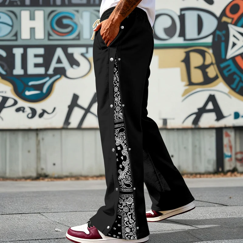 Herren nan weit geschnittene Snap-Front Jogginghose mit Paisley-Seiteneinsatz und elastischem Komfortbund Drune