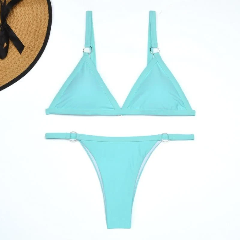 Drune Zweiteiliger Bikini-Badeanzug mit goldfarbigen Metallringen und dreieckigen Körbchen