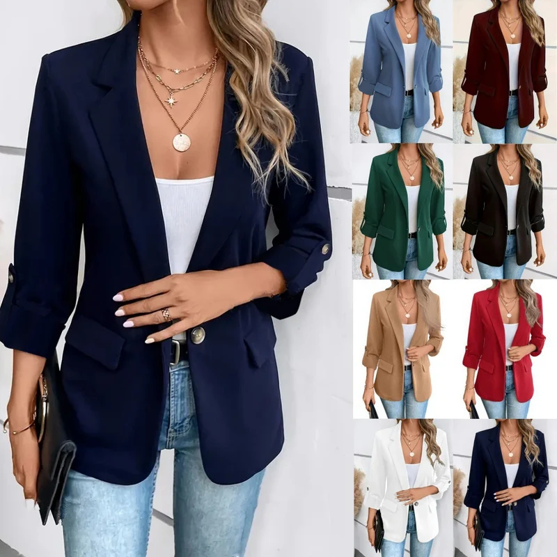 Damen nan taillierter Business-Blazer mit verkürzten Ärmeln umgeschlagenen Manschetten und dekorativen Knöpfen Drune