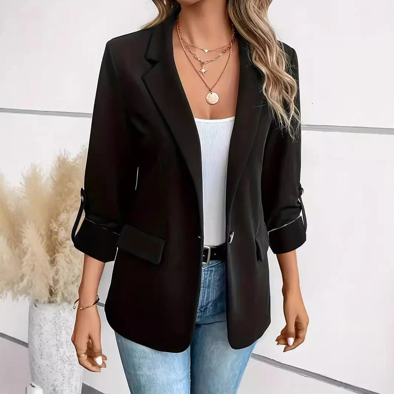 Damen nan taillierter Business-Blazer mit verkürzten Ärmeln umgeschlagenen Manschetten und dekorativen Knöpfen Drune