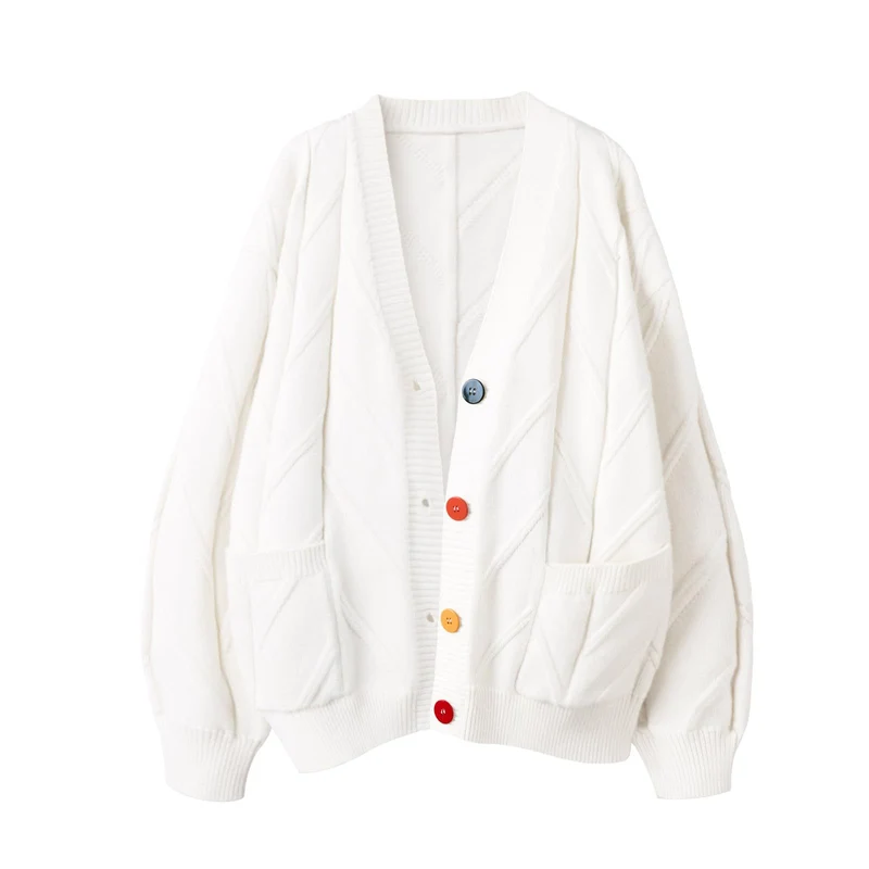 Damen Stylischer Strickcardigan mit bunten Knöpfen und aufwendigem Design