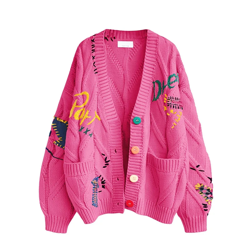 Damen Stylischer Strickcardigan mit bunten Knöpfen und aufwendigem Design