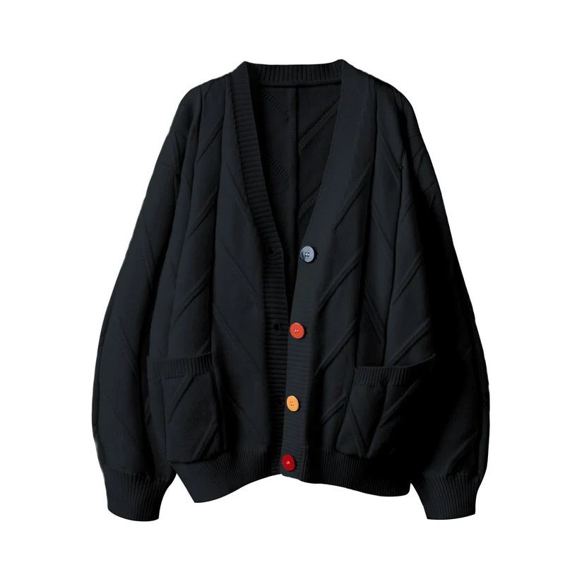 Damen Stylischer Strickcardigan mit bunten Knöpfen und aufwendigem Design